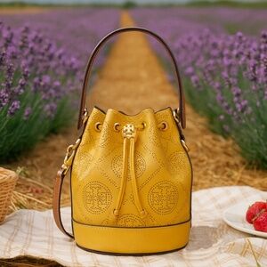 NEW Tory Burch T Monogram Golden Yellow Perforated MINI Bucket Tote Bag